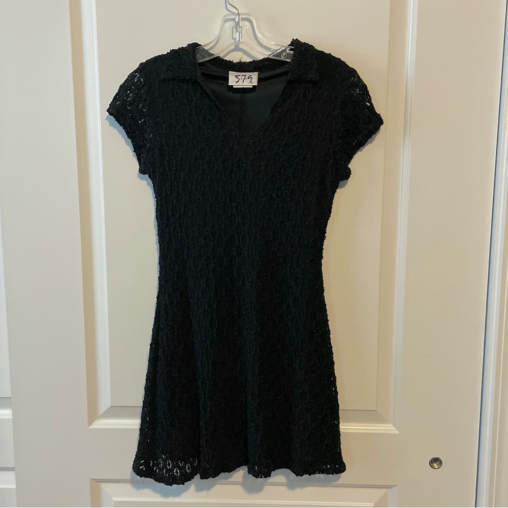 Vintage 579 Y2K Black Lace Short Sleeve Collared Mini Dress
